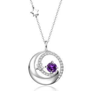 FANCIME 925 Sterling Silver February Birthstone Amethyst Necklace Moon Star Pendant Purple Gemstone Jewelry Birthday Anniversary Christmas Gifts for Women Daughter