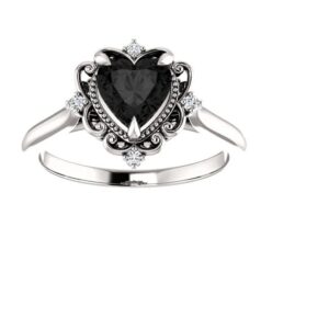 2.20 CT Heart Cut Onyx Black Diamonds Vintage Art Deco Halo Wedding Band Ring for Women in 925 Sterling Silver Rhodium Plated (Silver, 11)