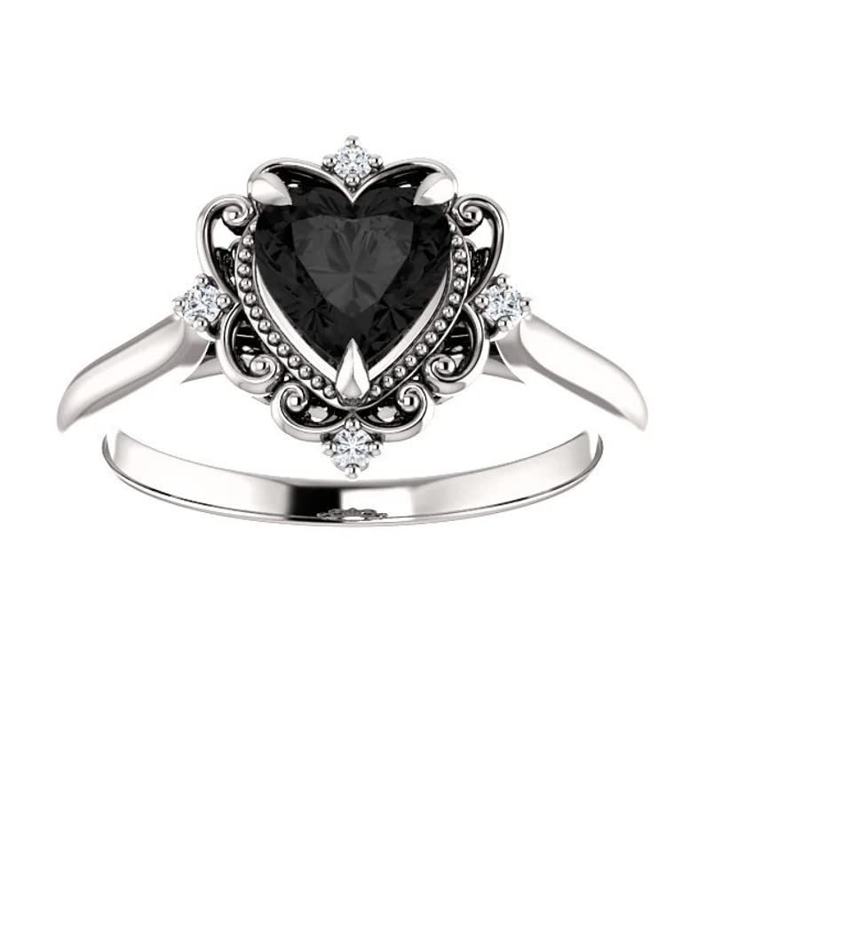 2.20 CT Heart Cut Onyx Black Diamonds Vintage Art Deco Halo Wedding Band Ring for Women in 925 Sterling Silver Rhodium Plated (Silver, 11)