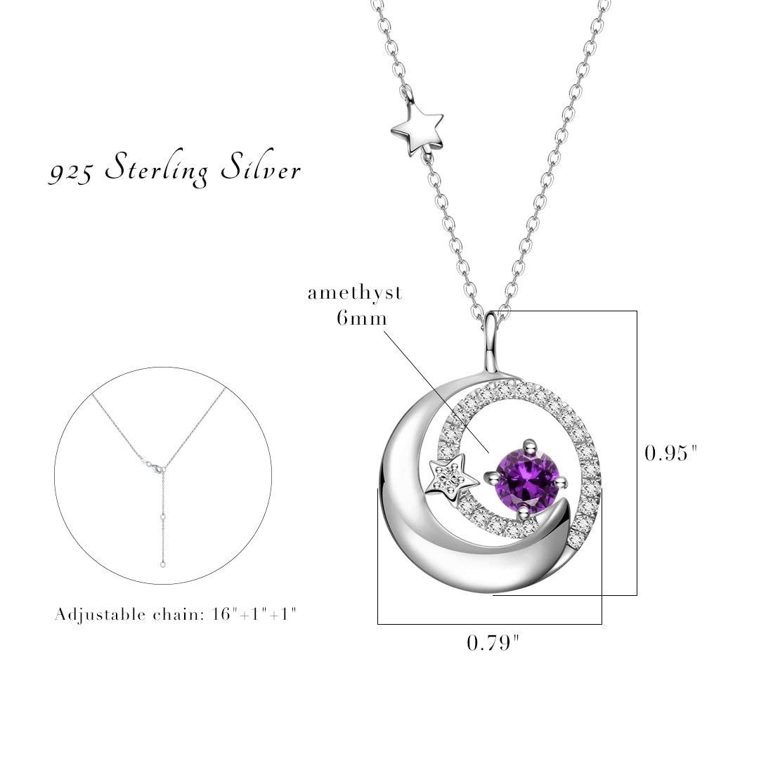 FANCIME 925 Sterling Silver February Birthstone Amethyst Necklace Moon Star Pendant Purple Gemstone Jewelry Birthday Anniversary Christmas Gifts for Women Daughter