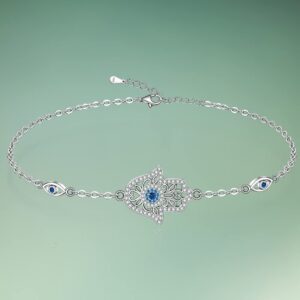 Hamsa Hand Evil Eye Bracelet for Women Sterling Silver Dainty Cute Crystal Round Blue Evil Eye Fatima Bracelets