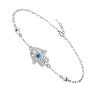 Hamsa Hand Evil Eye Bracelet for Women Sterling Silver Dainty Cute Crystal Round Blue Evil Eye Fatima Bracelets