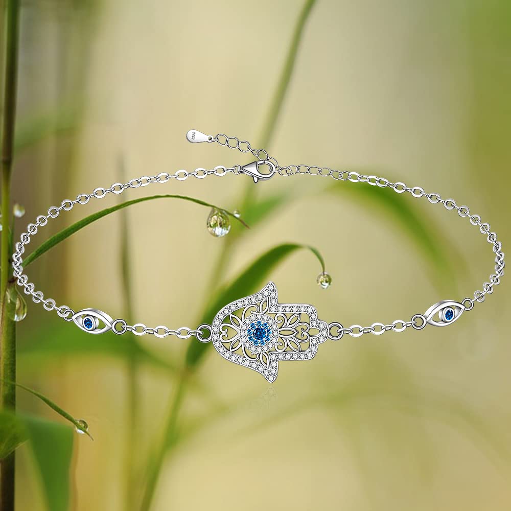 Hamsa Hand Evil Eye Bracelet for Women Sterling Silver Dainty Cute Crystal Round Blue Evil Eye Fatima Bracelets