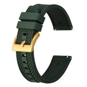 bisonstrap 20mm watch bands for men, high performance fluororubber rubber watch strap with quick release, (dark green, gold buckle)