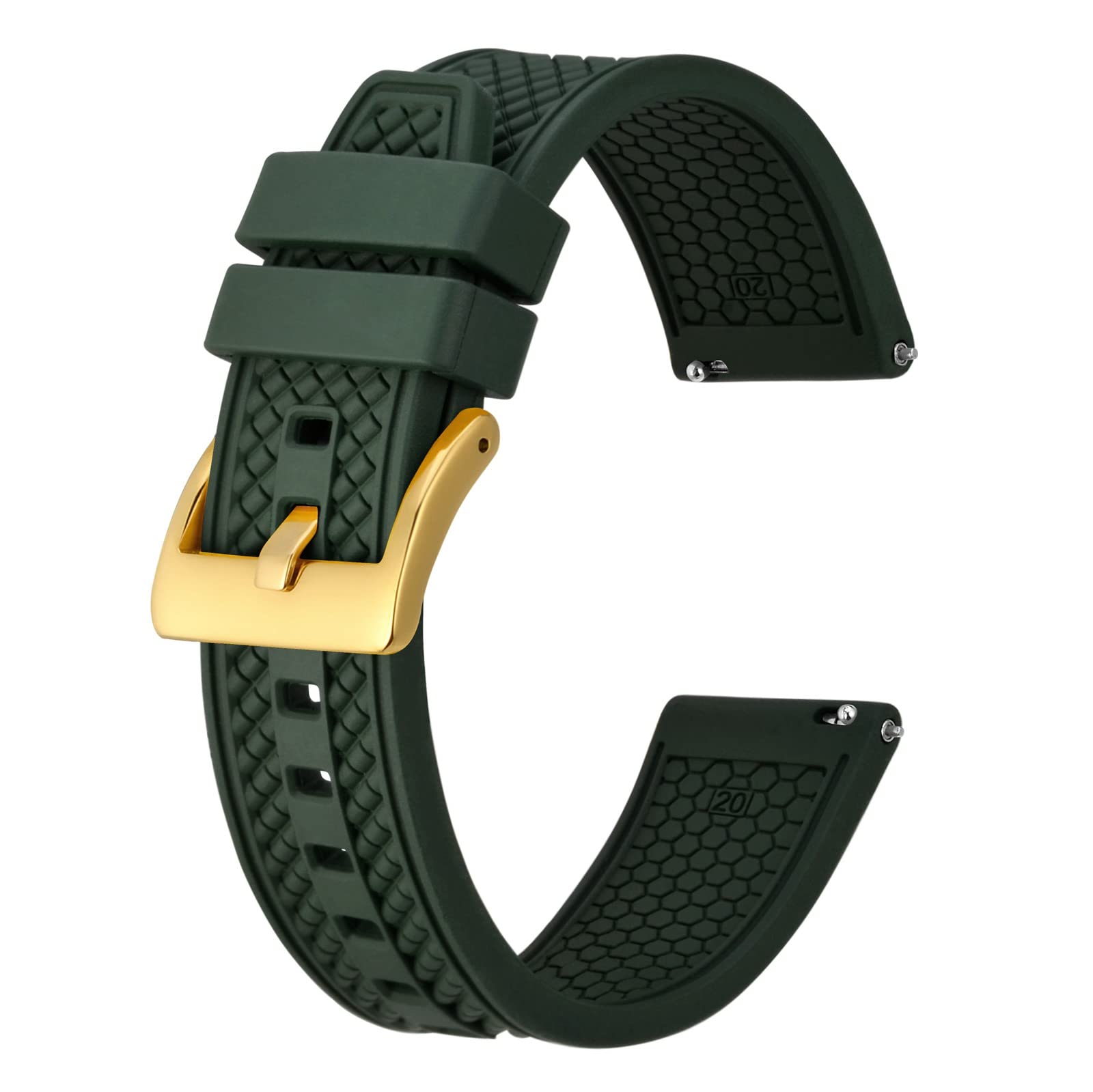 BISONSTRAP 20mm Watch Bands for Men, High Performance Fluororubber Rubber Watch Strap with Quick Release, (Dark Green, Gold Buckle)