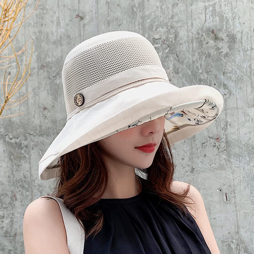 Women's Mesh Sun Hats Summer UV Protection Wide Brim Beach Fishing Cap (Beige)