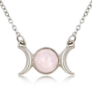 MISS RIGHT Rose Quartz Healing Crystal Triple Moon Goddess Phase Necklace for Women Men: Stainless Steel Crescent Moon Chakra Charm Necklace