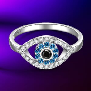 Blue Evil Eye Ring Sterling Silver Spiritual Turkish Third Eye Rings for Women Mal De Ojo Greek Protection Nazar Amulet Sapphire Jewelry Gift Size 8