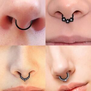 Vsnnsns 16G Septum Jewelry Septum Ring Piercing Jewelry Opal Septum Clicker Ring and Horseshoe Barbell Stainless Steel Ring Septum Nose Rings Hoop for Men Women Black 10mm 9pcs