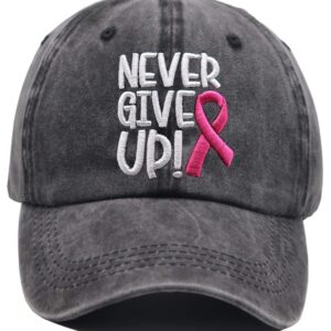 HHNLB Women's Pink Ribbon Breast Cancer Awareness Hat, Funny Survivor Gifts for Women, Embroidered Adjustable Never Give Up Baseball Cap