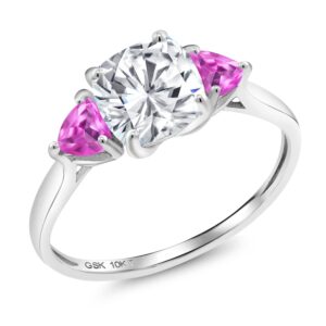 Gem Stone King 10K White Gold White Moissanite and Pink Created Sapphire 3-Stone Engagement Ring For Women (2.30 Cttw, 7MM Cushion and 4MM Trillion, Available In Size 5, 6, 7, 8, 9)