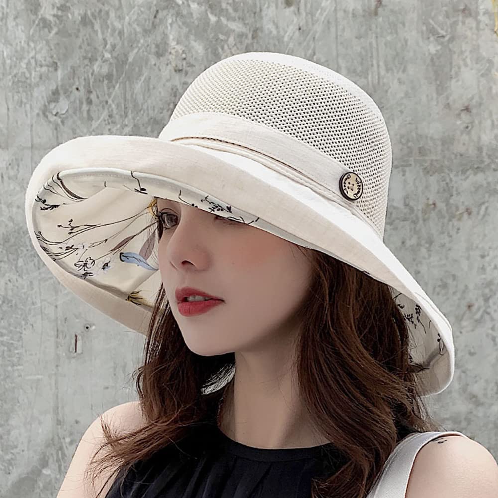 Women's Mesh Sun Hats Summer UV Protection Wide Brim Beach Fishing Cap (Beige)