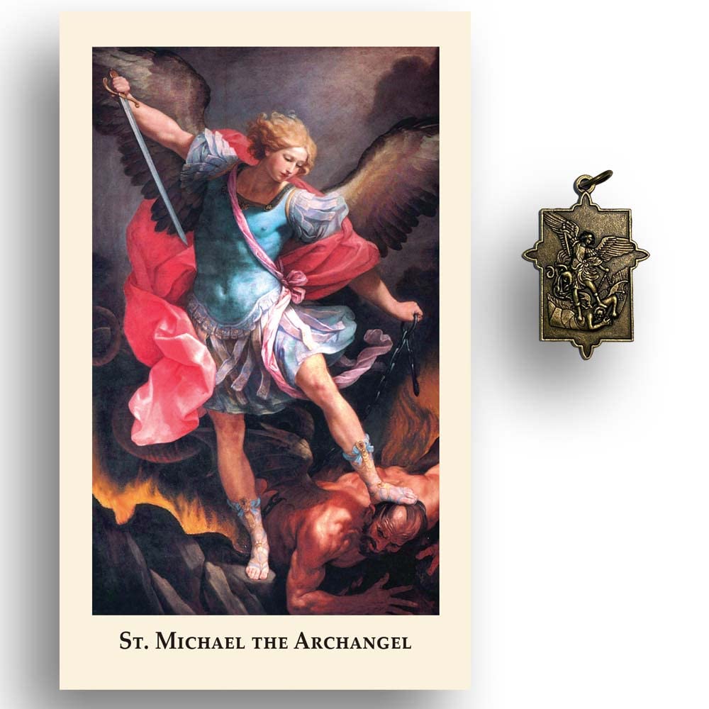 St. Michael Medal with Holy Card Bronze