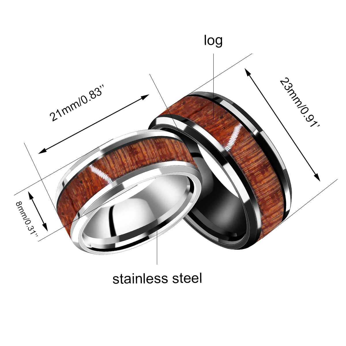 Uloveido His and Hers Stainless Steel Wedding Band Wood Inlay Engagement Couple Rings for Women Y1539 (Steel, Size 9)