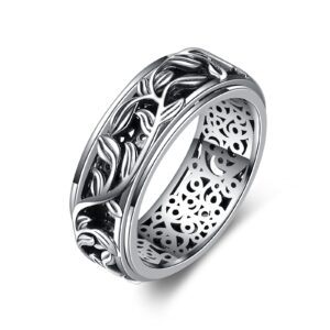 YAFEINI Nature Fidget Ring Sterling Silver Anxiety Ring for Women Filigree Spinner Leaves Band Ring Stress Relieving Wide Ring Jewelry Gifts for Men