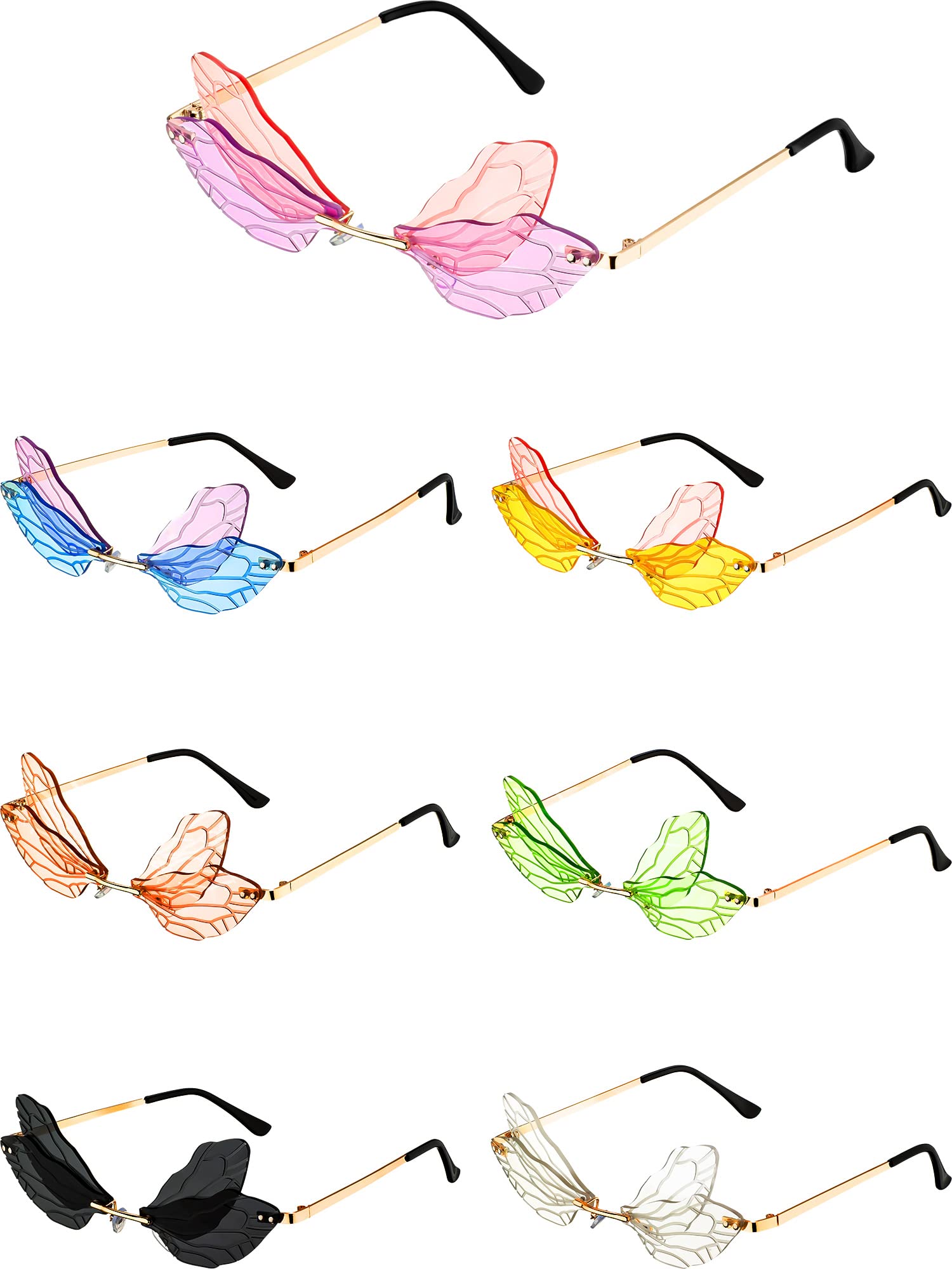 7 Pieces Dragonfly Sunglasses Fairy Glasses Butterfly Glasses Rimless Sunglasses for Women Men