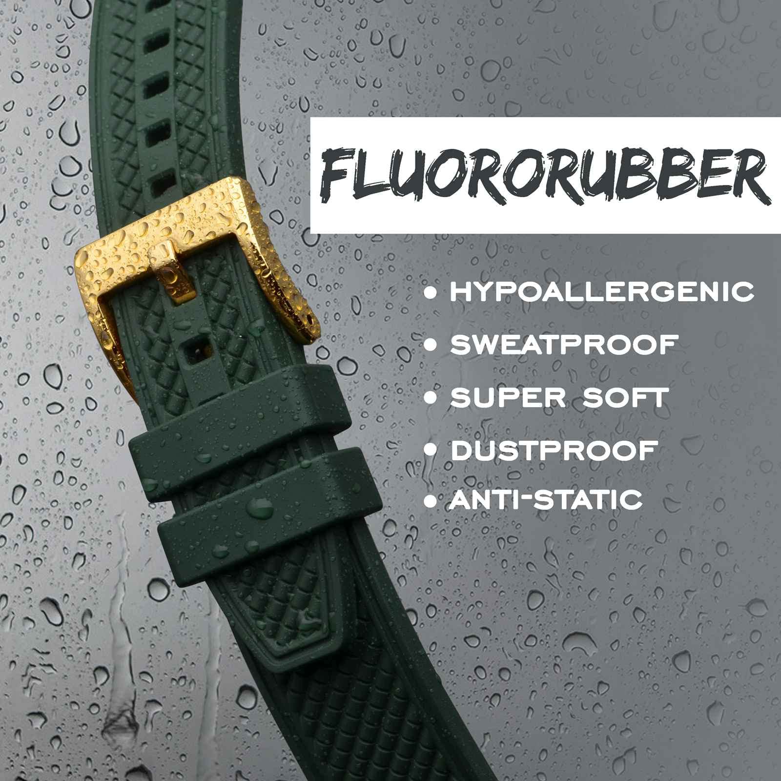 BISONSTRAP 20mm Watch Bands for Men, High Performance Fluororubber Rubber Watch Strap with Quick Release, (Dark Green, Gold Buckle)