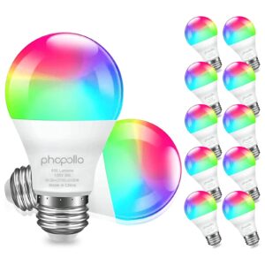 phopollo Smart Light Bulbs, RGBCW WiFi Multicolor Led Light Bulbs Compatible with Alexa & Google Home Assistant, A19 E26 9W 60W Equivalent 800Lumen, App Control, No Hub Required, 12 Pack