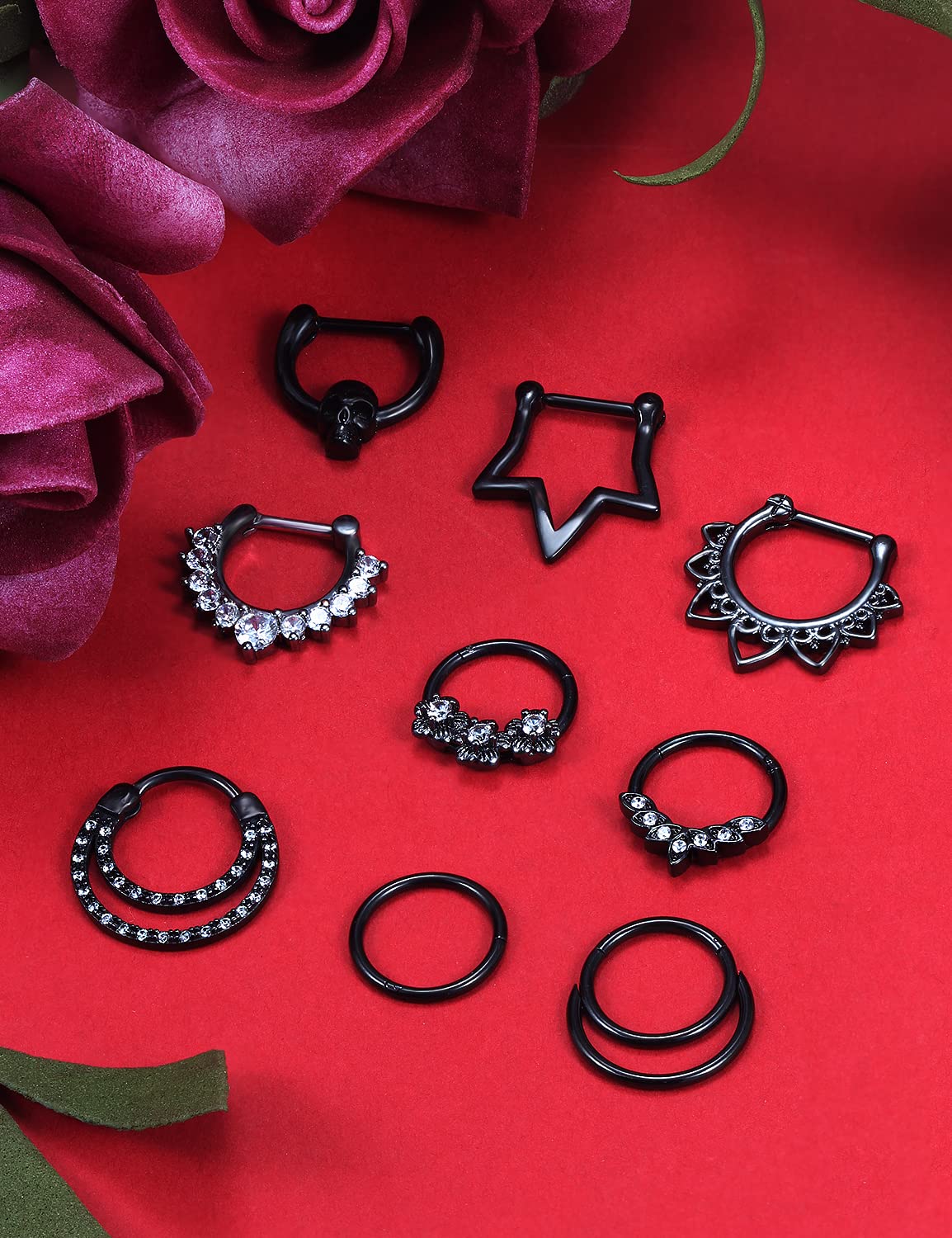 Vsnnsns 16G Septum Jewelry Septum Ring Piercing Jewelry Opal Septum Clicker Ring and Horseshoe Barbell Stainless Steel Ring Septum Nose Rings Hoop for Men Women Black 10mm 9pcs