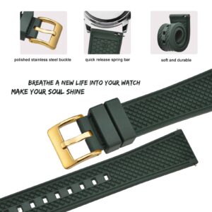 BISONSTRAP 20mm Watch Bands for Men, High Performance Fluororubber Rubber Watch Strap with Quick Release, (Dark Green, Gold Buckle)