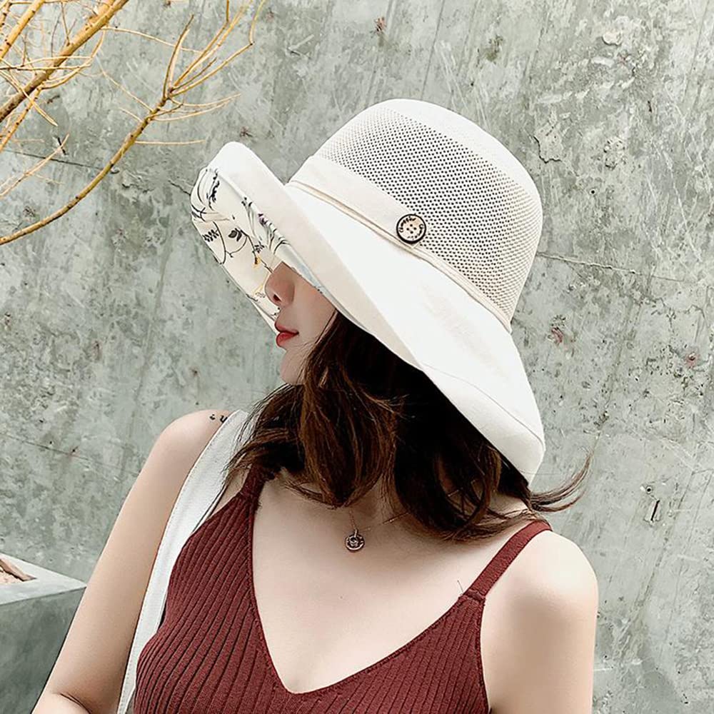 Women's Mesh Sun Hats Summer UV Protection Wide Brim Beach Fishing Cap (Beige)