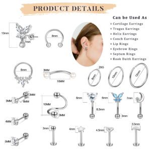 Magitaco 16G Cartilage Earrings Stud Hoop for Women Surgical Steel Forwards Helix Earring Eyebrow Rings Hoop Rook Daith Conch Earrings Nose Septum Rings Tragus Piercing Jewelry