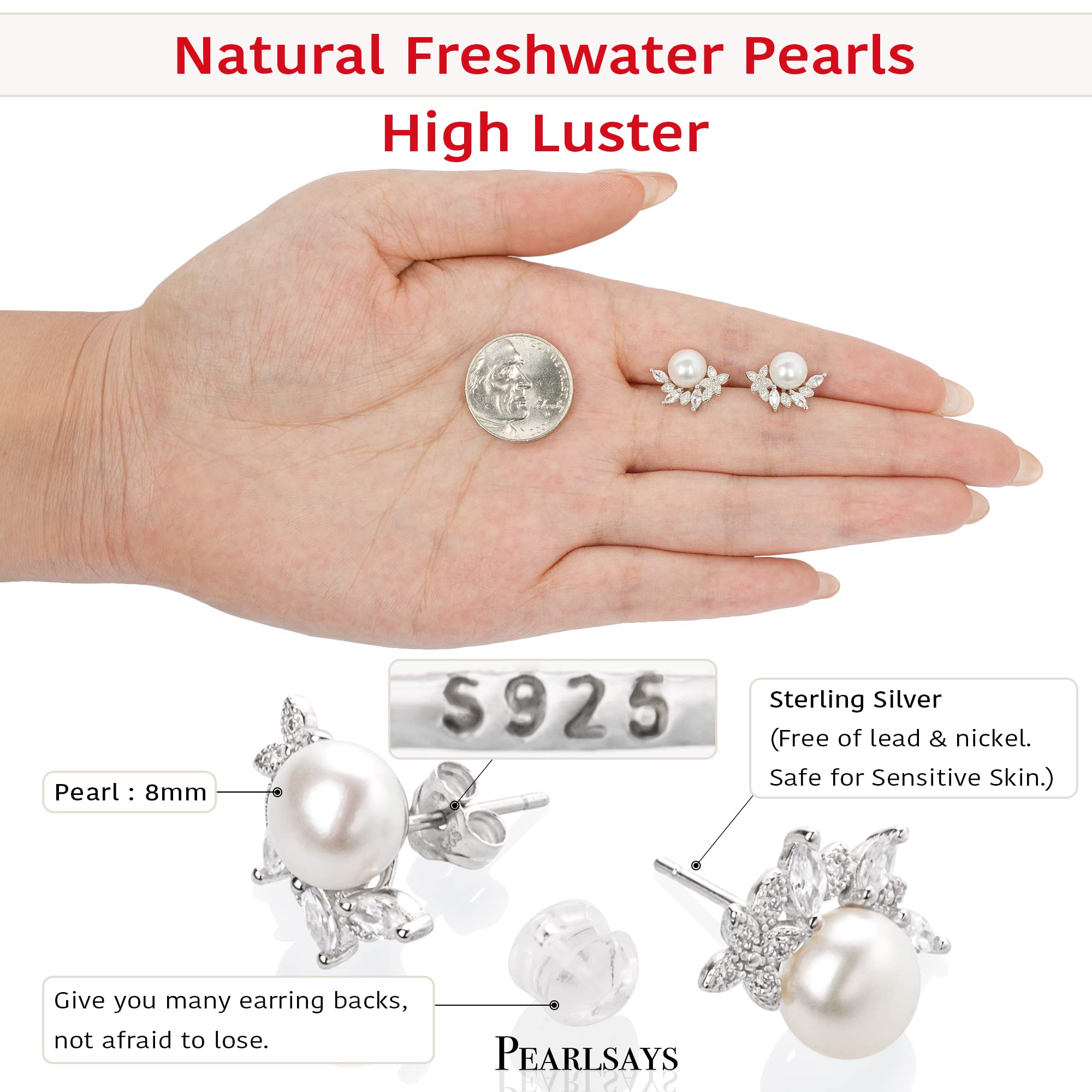 Pearlsays Natural Pearl Earrings for Women 925 Sterling Silver Cubic Zirconia Earrings Jewelry for Women AAAA Quality Real White Freshwater Pearl from The Pearls Source (8.00, Natural Pearl Zirconia