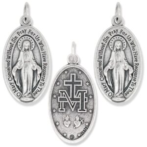 bulk pack of 3 - miraculous medal pendant for necklace -1 1/8" oval catholic christian silver oxidized finish miraculous medal supplies rosary making, made in italy