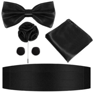 Geyoga 5 Pcs Mens Cummerbund Bow Tie Set Halloween Accessories for Men Party Wedding, Cummerbund Bow Tie Pocket Square Cuff Links(Black)