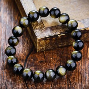 YANYUNZHUBAO Natural Black Obsidian Bracelet Healing Crystals Jewelry Volcanic Rock Stone Ward Off Evil Spirits (Gold, 10MM)