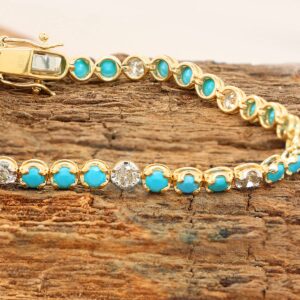 Tennis Bracelet For Women - 3MM Round Turquoise And 1.23 Ct Natural Diamond 7 Inch Tennis Bracelet In 14K Yellow Gold Over 925 Sterling Silver (Clarity VVS1-I2/Color sky blue-J)