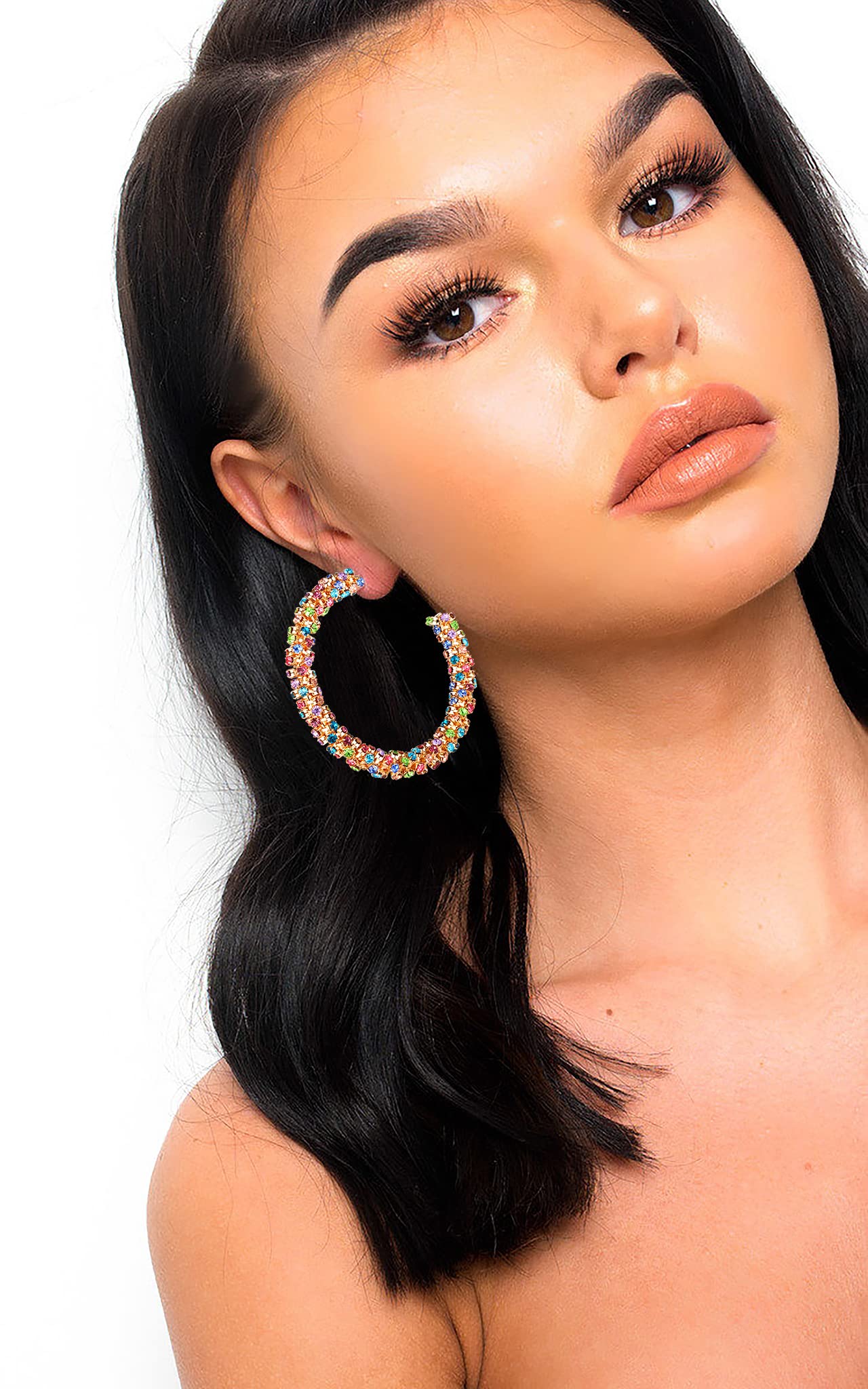 Fashion Rhinestone Hoop Earring Women's Gold Plated Crystal Hoop Earring Bohemian Colorful Rainbow Crystal Wrapped Hoop Dangle Earrings for Women Valentine's Day Gifts