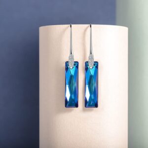 Queen Baguette Crystal Drop Earrings For Women Sterling Silver Wedding Party Jewelry Handmade Accessories (Bermuda Blue)