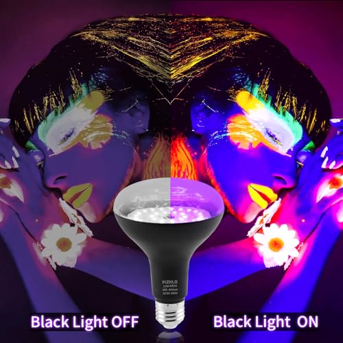 PIZHLO 4 Pcs 15W LED Black Light Bulbs, BR30 E26 Black Shell Blacklight LED Bulb, 385-400nm, Glow in The Dark for Blacklight Party, Body Paint, Fluorescent Poster, Halloween Decoration,Non-Waterproof