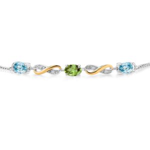 Gem Stone King 925 Silver and 10K Yellow Gold Oval Blue Zircon Green Peridot and White Lab Grown Diamond Infinity Bracelet For Women Mother's Mom Wife Her (1.83 Cttw, Fully Adjustable Up to 9 Inch)