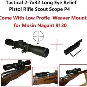 GOTICAL Sports Long Eye Relief Rifles P4 Scope 2-7X32 Fog and Water Resistant + Low Profile Mosin Nagant 11mm Picatinny Rail Adapter Converter 91/30 Model Scope Weaver Mount Compact Short Durable