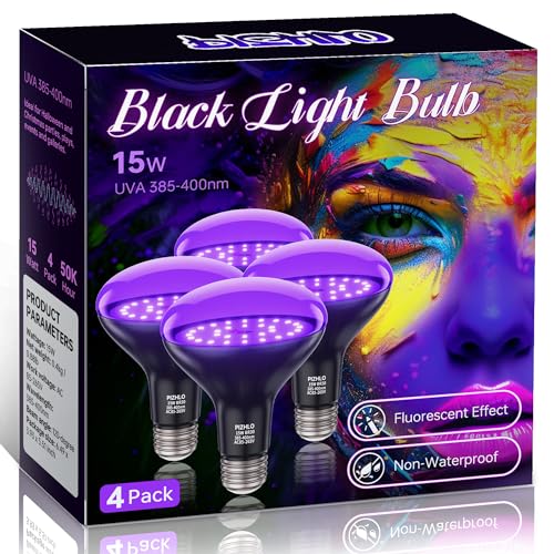 PIZHLO 4 Pcs 15W LED Black Light Bulbs, BR30 E26 Black Shell Blacklight LED Bulb, 385-400nm, Glow in The Dark for Blacklight Party, Body Paint, Fluorescent Poster, Halloween Decoration,Non-Waterproof