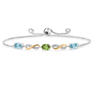 gem stone king 925 silver and 10k yellow gold oval blue zircon green peridot and white lab grown diamond infinity bracelet for women mother's mom wife her (1.83 cttw, fully adjustable up to 9 inch)