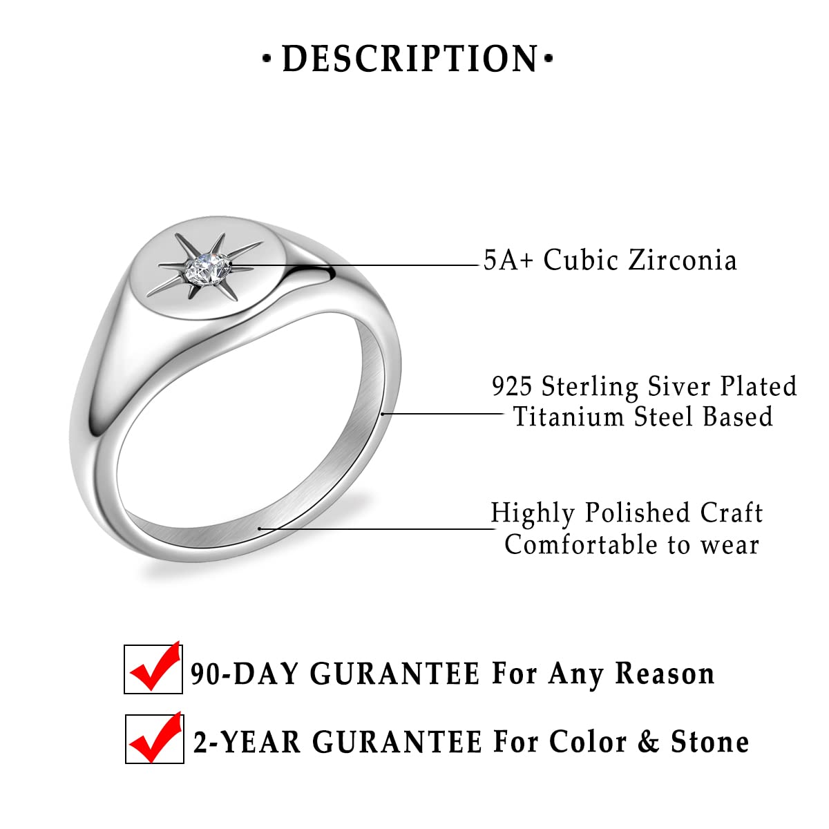 Confede Starburst Ring for Women Girls Stainelss Steel Sturdy North Star CZ Ring Stacking Jewelry Birthday Gift Size 7