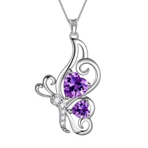 Purple Butterfly Heart Necklace Women 925 Sterling Silver Animal Butterflies February Created Amethyst Birthstone Amethyst Pendant Crystal Wedding Birthday Jewelry DP0307F