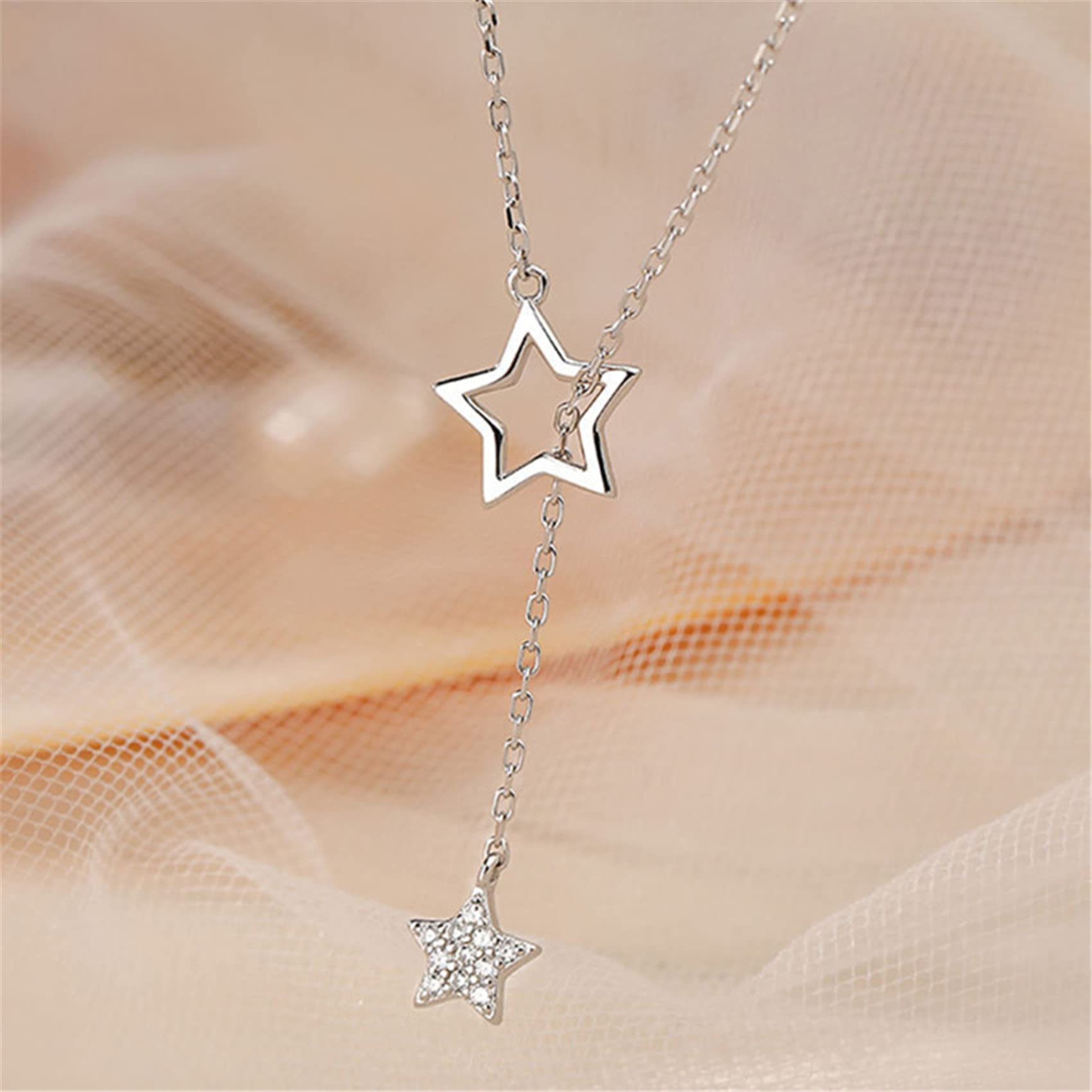 TraveT Women Star Across Star Necklace Rhinestone Star Hollow Star Necklace Gold Silver Colors (Silver, 1 Pc)