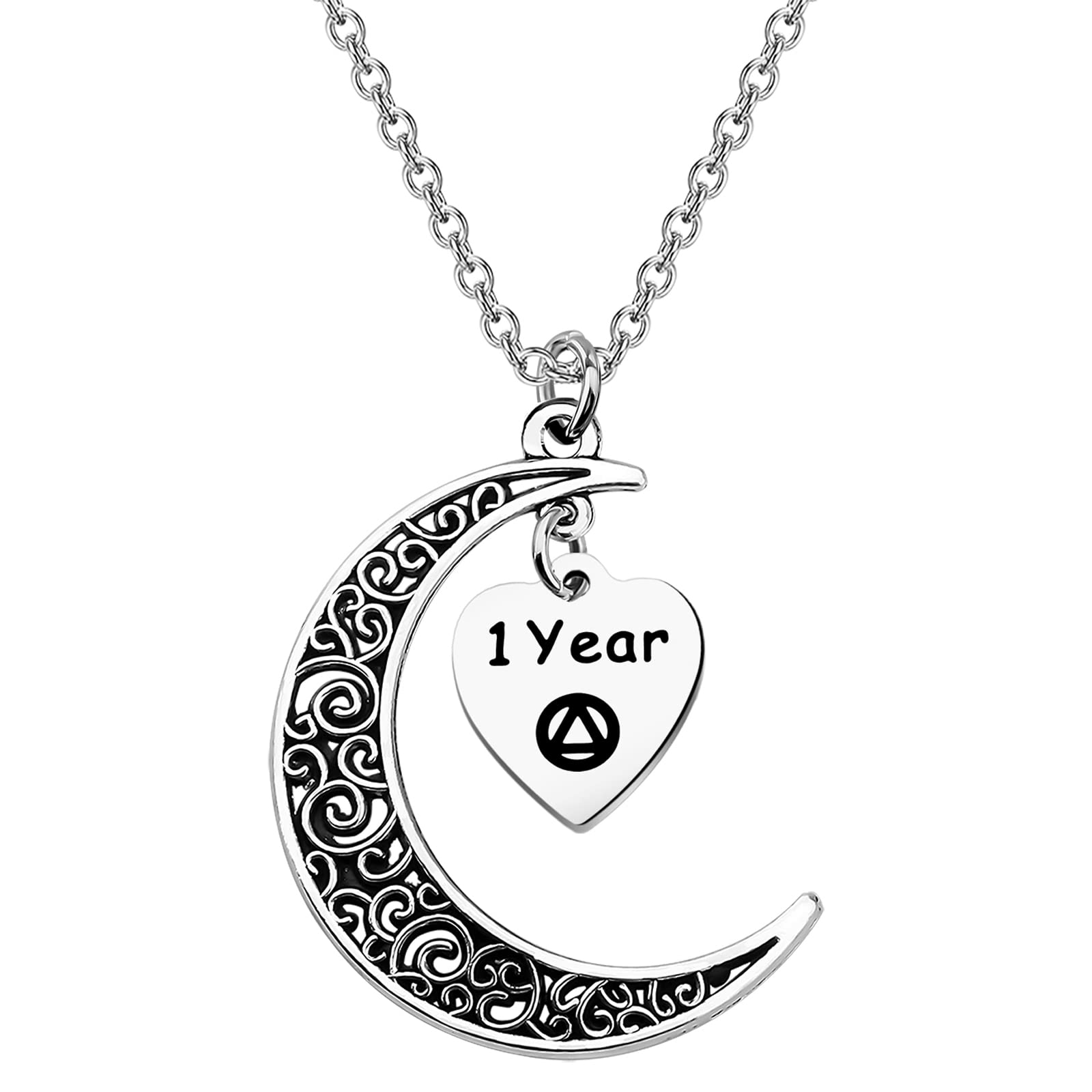 BEKECH AA Sobriety Anniversary Necklace 6 Month 1 Year 2 Year 3 Year Alcohol Addiction Recovery Gift for Stay Sober Warrior Sponser Men Women (silver 1 year)