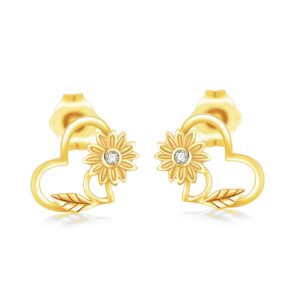 sisgem 14k yellow gold sunflower heart stud earrings for women