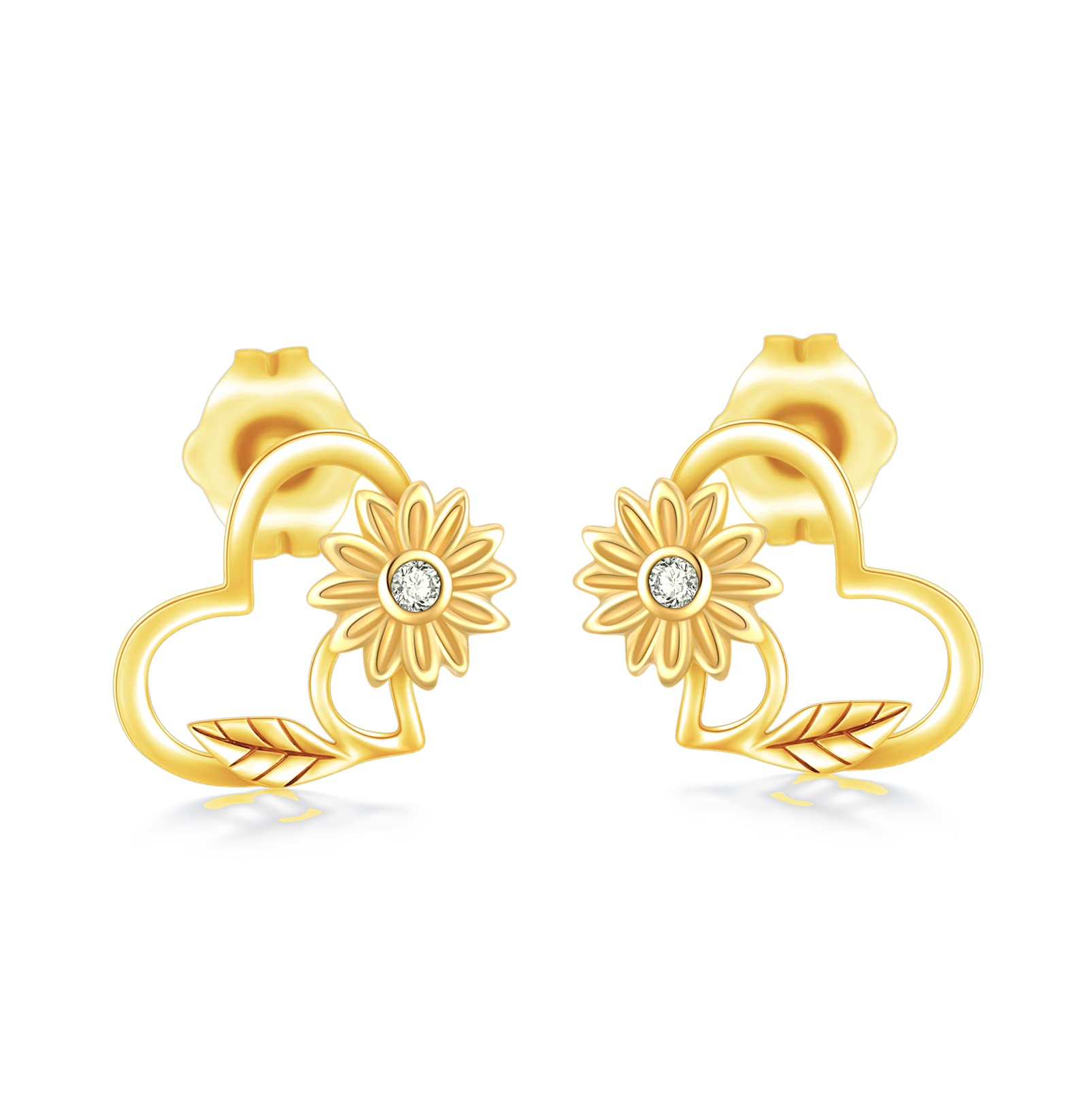 SISGEM 14k Yellow Gold Sunflower Heart Stud Earrings for Women