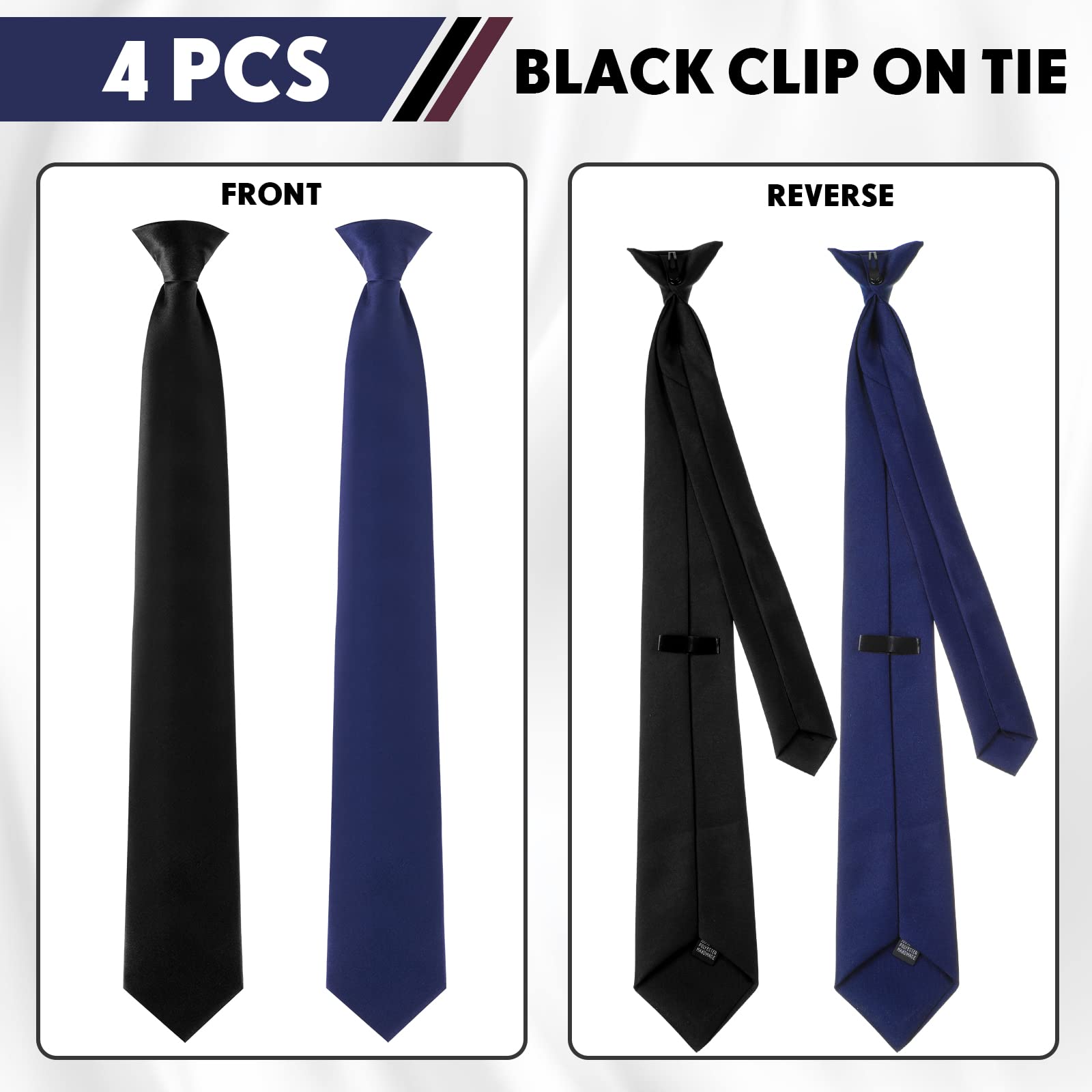 4 Pcs Men's Clip-on Ties Solid Color Men's Tie Pre Tied Clip on Ties for Men Men's Clip on Necktie Men's Button Ties (Black, Grey, Navy Blue, Wine Red)