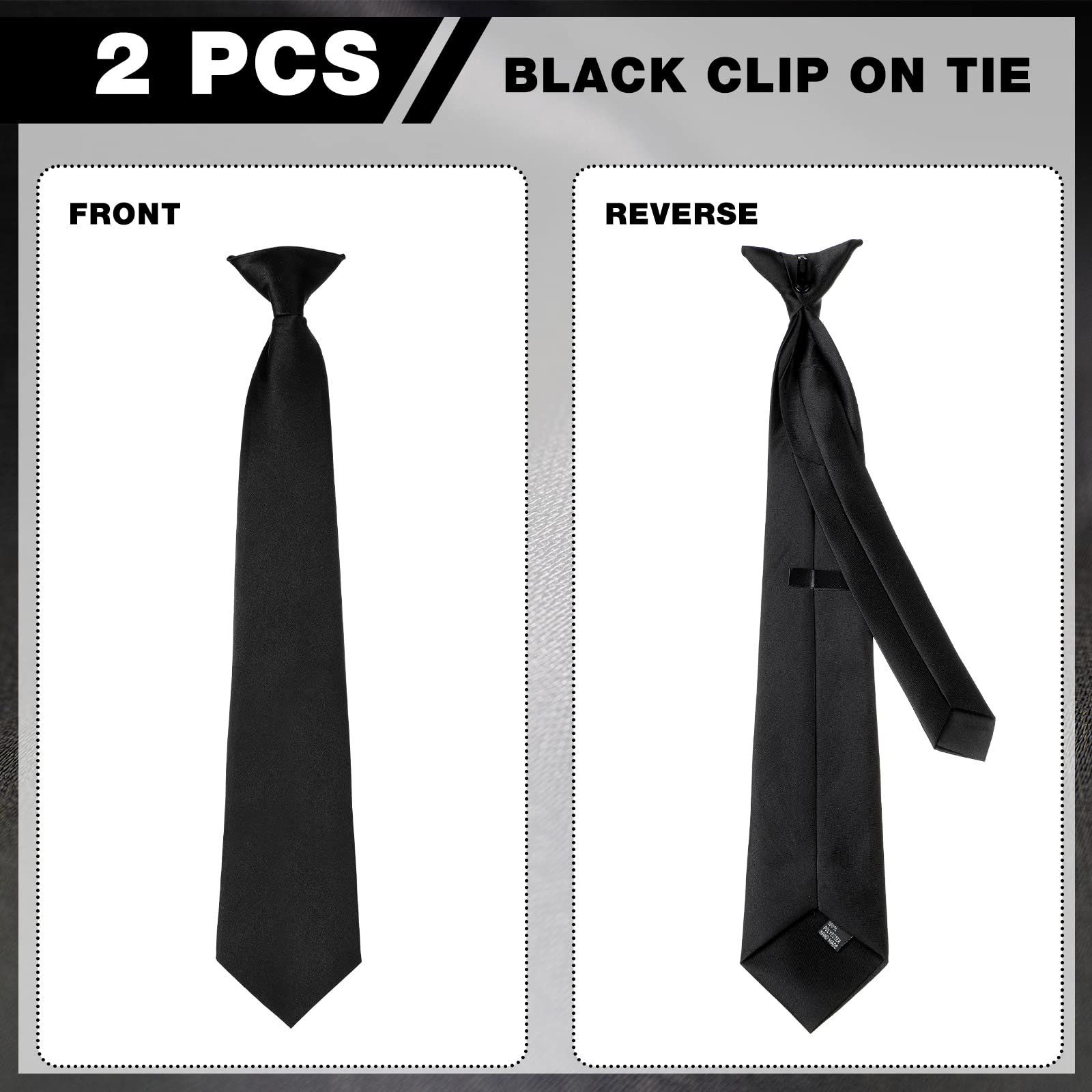 2 Pieces Men's Clip on Ties Solid Color Clip on Ties Pre Tied Neckties for Office School Uniforms(Black,18 Inches)