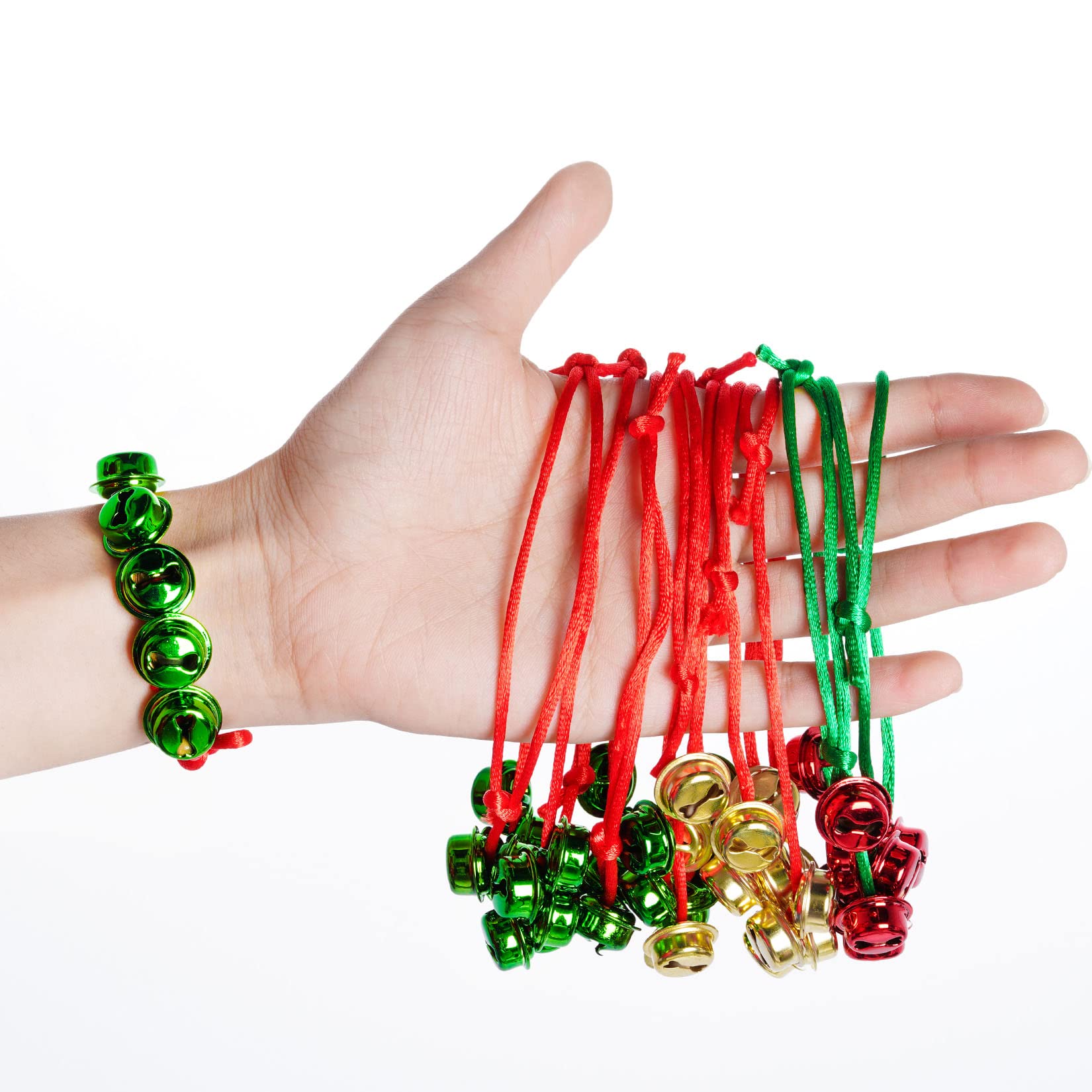 mifengda 30 Pieces Christmas Jingle Bell Bracelets Adjustable Jingle Bell Wrist Band Green Red and Gold Metal Bells Bracelets for Christmas Party Gift