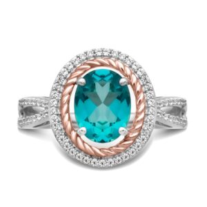 Jewelili Rose Gold Over Sterling Silver 9x7 MM Oval Cut Paraiba Topaz and Round Created White Sapphire Halo Engagement Ring, Size 7