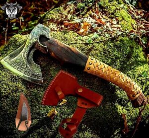 forged carbon steel viking axe with ashwood shaft | viking axe real bearded camping axe with leather sheath | best birthday, anniversary for him