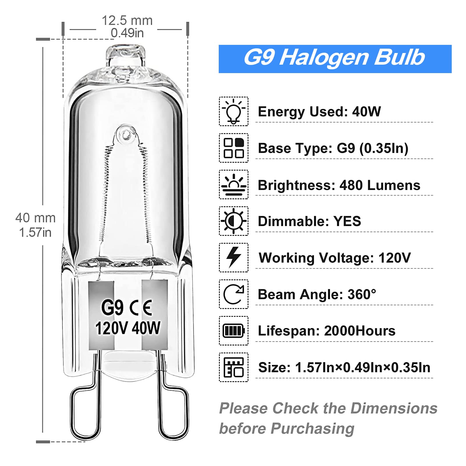 WeshLMPO G9 Halogen Light Bulbs 2 pin 120V 40W, Dimmable Long Lasting T4 JCD Type, G9 Bulb for Chandeliers, Microwave Oven, Range Hood Lights Warm White 12 Pack